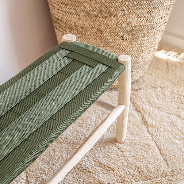 Natural bench in raw wood and khaki green braiding