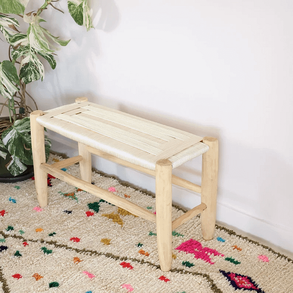 Natural bench in raw wood and beige braiding