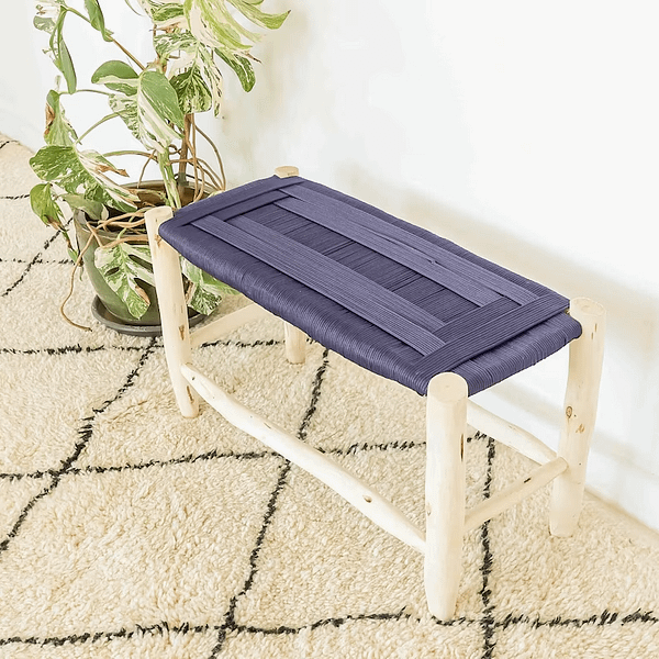 Natural bench in raw wood and dark blue braiding