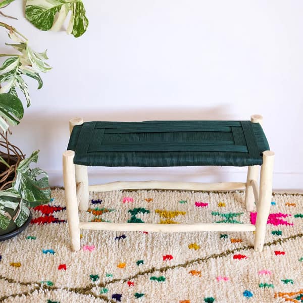 Natural bench in raw wood and dark green braiding