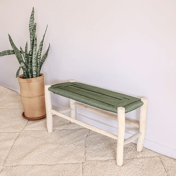 Natural bench in raw wood and khaki green braiding