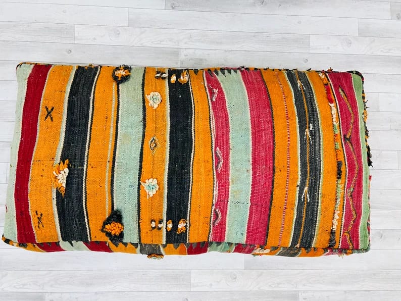 XL  Moroccan Kilim Pouf, Floor Pouf, Vintage Pillow